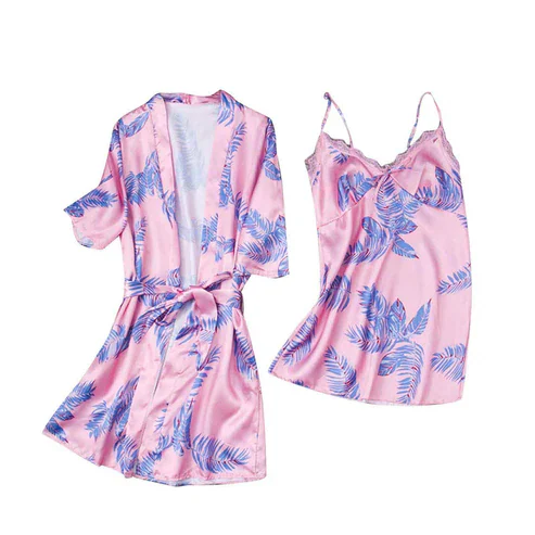 Hawaiian Print Silk 2pcs Nightgown set