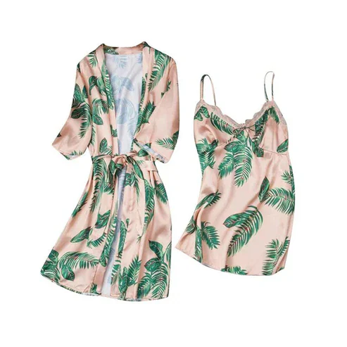 Hawaiian Print Silk 2pcs Nightgown set