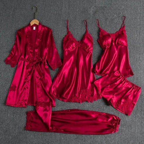 Royal Bridal Silk 5-Piece Nightgown Set – Luxury & Romance for Brides