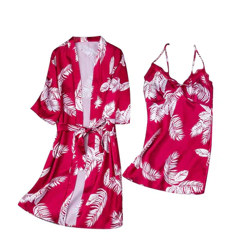 Hawaiian Print Silk 2pcs Nightgown set