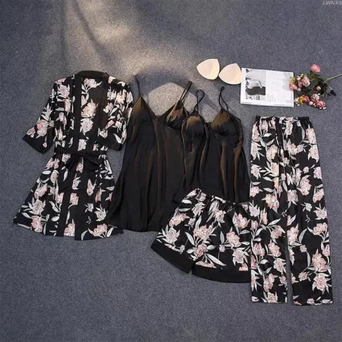 Noor Floral Luxury Bridal Silk 5pcs Nightgown set