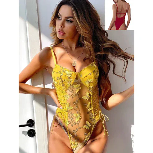 Butterfly Embroidered Transparent Bodysuit