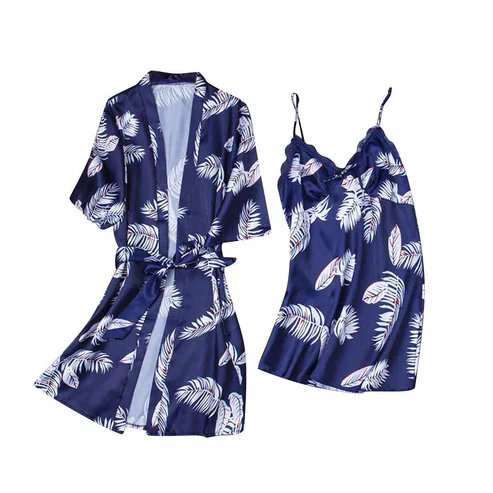 Hawaiian Print Silk 2pcs Nightgown set