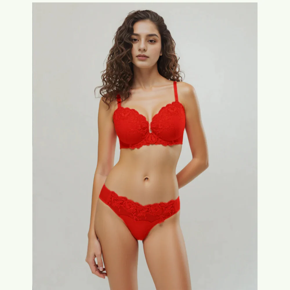 Lightly Padded Fancy Bra with Matching Panty – Red | RAKS