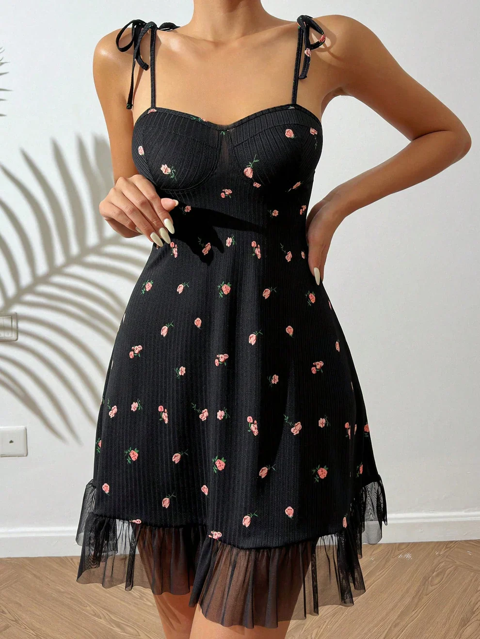Floral Print Tie Shoulder Ruffle Hem Cami Nightdress