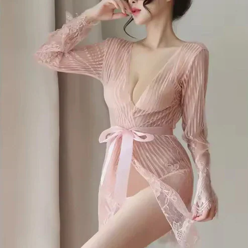 Lace Striped Baby Pink Lingerie Set