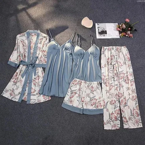 Noor Floral Luxury Bridal Silk 5pcs Nightgown set
