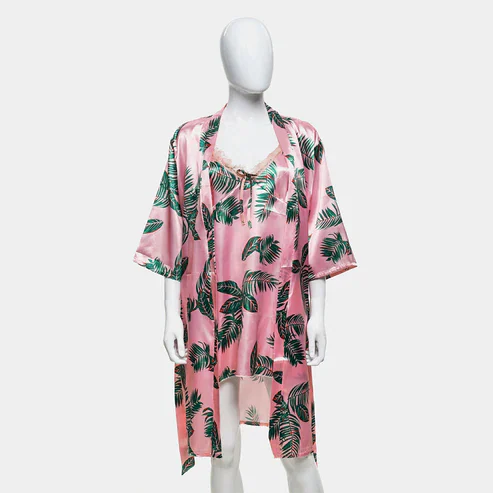 Hawaiian Print Silk 2pcs Nightgown set