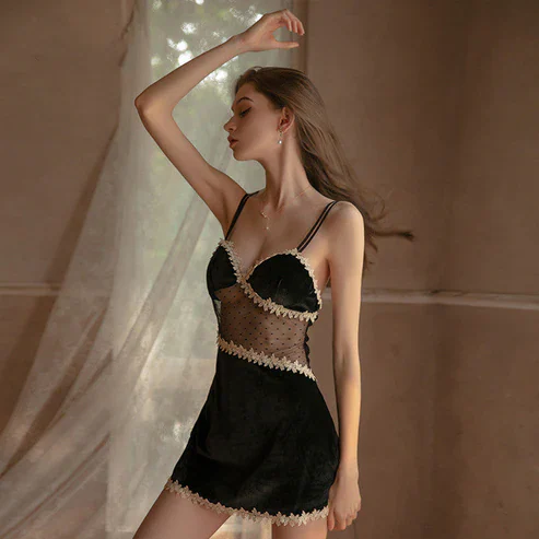 Velvet Embroidered Babydoll Short Lingerie
