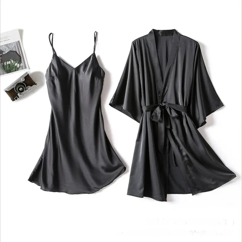 Silk Robe With Long Sleeveless Top 2 Pcs Nightwear